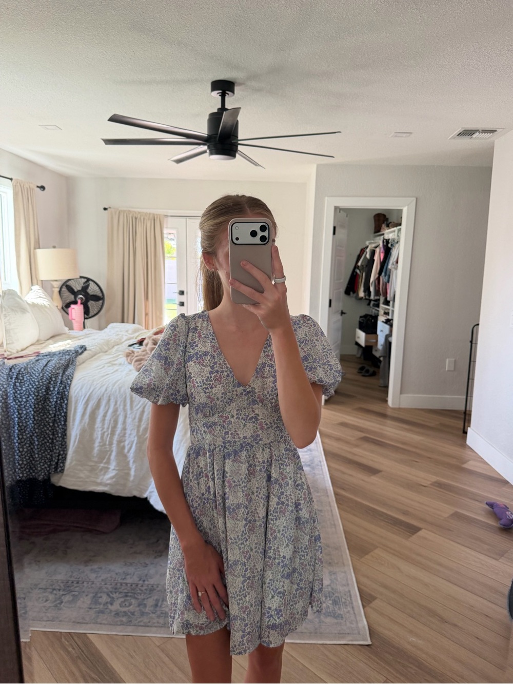 Altar'd State Blue and White Floral V-Neck Puff Sleeve Mini Dress